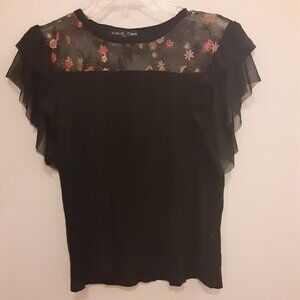 Kim & Cami S Black Top w/Ruffled Caplet Sleeves & Pink/Green Embroidered Flowers